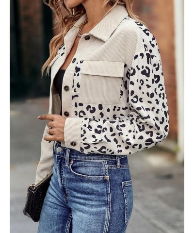 Women's Leopard Print Button Down Cropped Corduroy Jacket Shacket Outerwear Apricot $20.09 Jackets