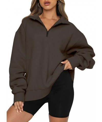 Women Half Zip Oversized Sweatshirts Long Sleeve Solid Color Drop Shoulder Fleece Workout Pullover S-2XL Zip Brown $17.92 Hoo...