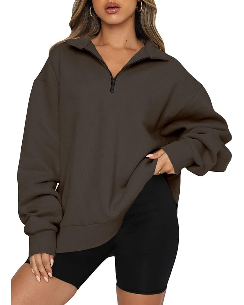 Women Half Zip Oversized Sweatshirts Long Sleeve Solid Color Drop Shoulder Fleece Workout Pullover S-2XL Zip Brown $17.92 Hoo...