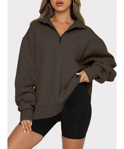 Women Half Zip Oversized Sweatshirts Long Sleeve Solid Color Drop Shoulder Fleece Workout Pullover S-2XL Zip Brown $17.92 Hoo...