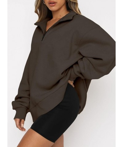 Women Half Zip Oversized Sweatshirts Long Sleeve Solid Color Drop Shoulder Fleece Workout Pullover S-2XL Zip Brown $17.92 Hoo...