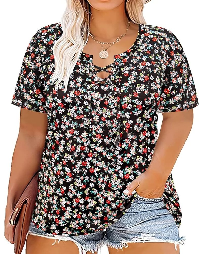 Plus Size Tops for Women Floral/Solid Color Short Sleeve V Neck with Ring Hole Summer Tshirt XL-5XL A867-floral Print-1 $16.1...