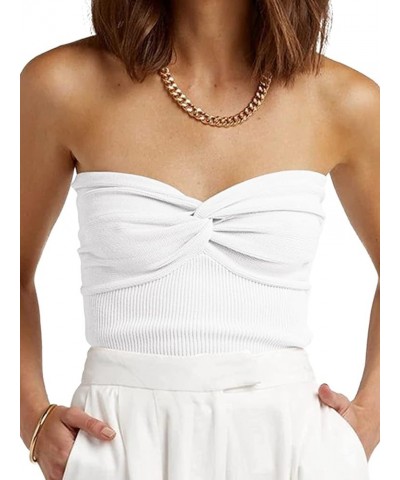 Womens Tube Tops Summer Twist Knot Front Knit Bandeau Sweetheart Neck Ribbed Sleeveless Strapless Y2K Crop Tank Corset Top Wh...