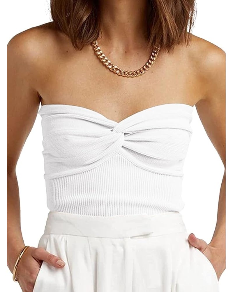 Womens Tube Tops Summer Twist Knot Front Knit Bandeau Sweetheart Neck Ribbed Sleeveless Strapless Y2K Crop Tank Corset Top Wh...