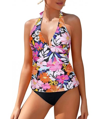 Two Piece Tankini Bathing Suits for Women Tummy Control Swimsuits Sexy V Neck Halter Tankini Top with Bikini Bottom Pink Flor...