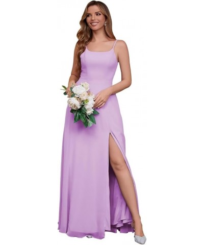 Women's Spaghetti Strap Bridesmaid Dresses Long A Line Slit Chiffon Formal Evening Gown Backless with Pockets Light Purple $3...