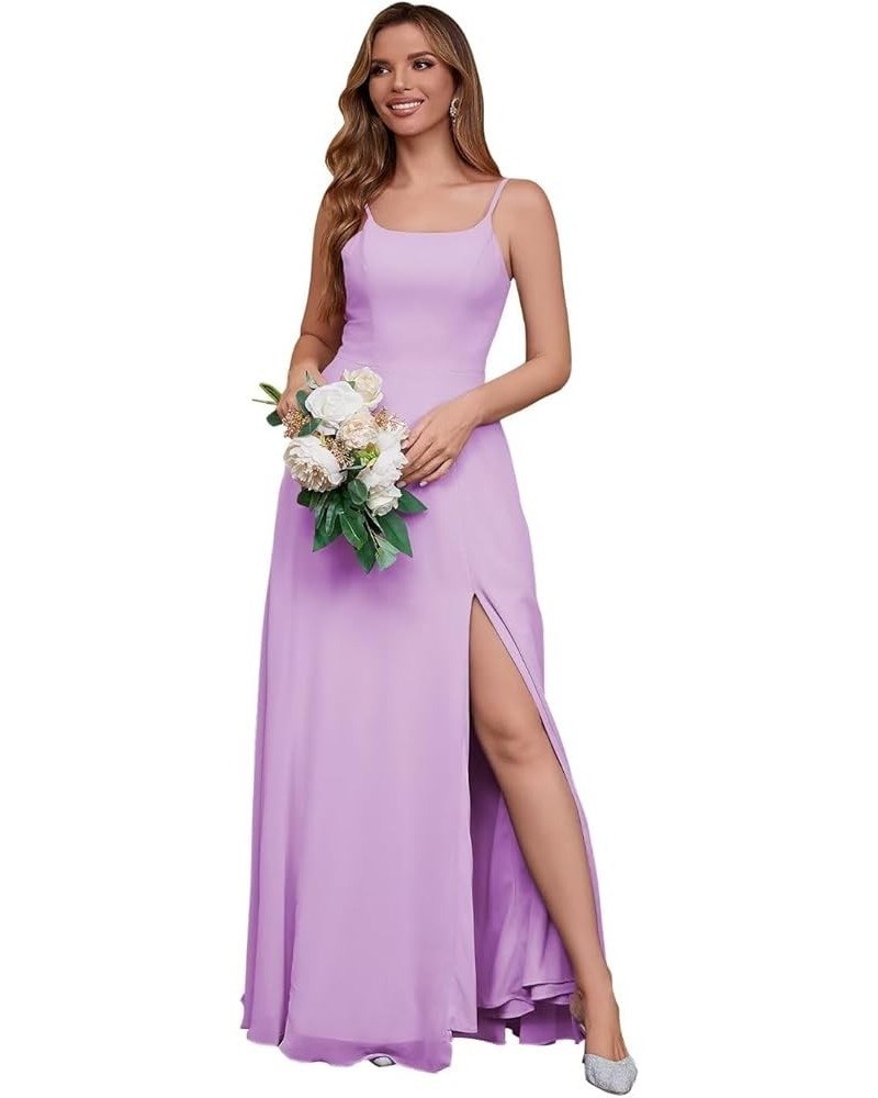 Women's Spaghetti Strap Bridesmaid Dresses Long A Line Slit Chiffon Formal Evening Gown Backless with Pockets Light Purple $3...