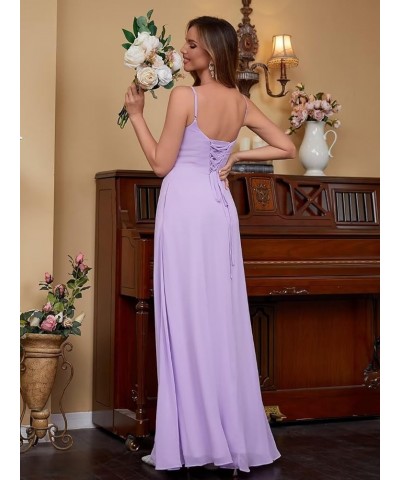 Women's Spaghetti Strap Bridesmaid Dresses Long A Line Slit Chiffon Formal Evening Gown Backless with Pockets Light Purple $3...