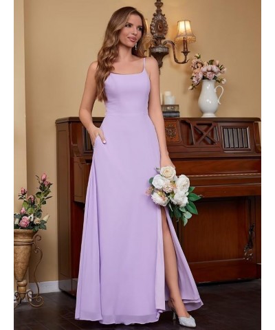 Women's Spaghetti Strap Bridesmaid Dresses Long A Line Slit Chiffon Formal Evening Gown Backless with Pockets Light Purple $3...