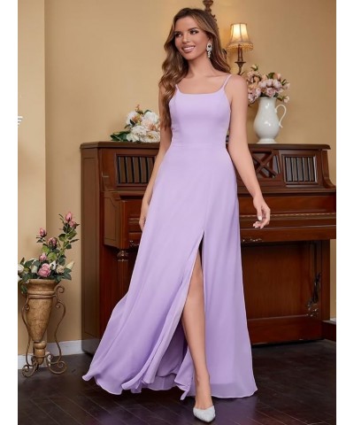 Women's Spaghetti Strap Bridesmaid Dresses Long A Line Slit Chiffon Formal Evening Gown Backless with Pockets Light Purple $3...