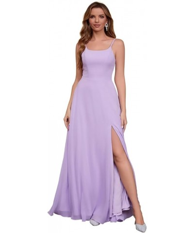 Women's Spaghetti Strap Bridesmaid Dresses Long A Line Slit Chiffon Formal Evening Gown Backless with Pockets Light Purple $3...