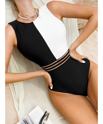 Women's Colorblock Tummy Control One Piece Swimsuit Zipper Back Bathing Suit Black White $10.44 Swimsuits