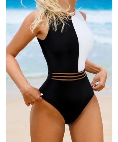 Women's Colorblock Tummy Control One Piece Swimsuit Zipper Back Bathing Suit Black White $10.44 Swimsuits