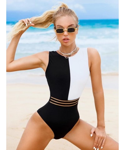 Women's Colorblock Tummy Control One Piece Swimsuit Zipper Back Bathing Suit Black White $10.44 Swimsuits