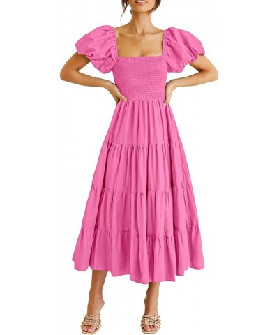 Women's Casual Summer Midi Dress Puffy Short Sleeve Square Neck Smocked Tiered Ruffle Dresses Rose Pink $13.94 Dresses