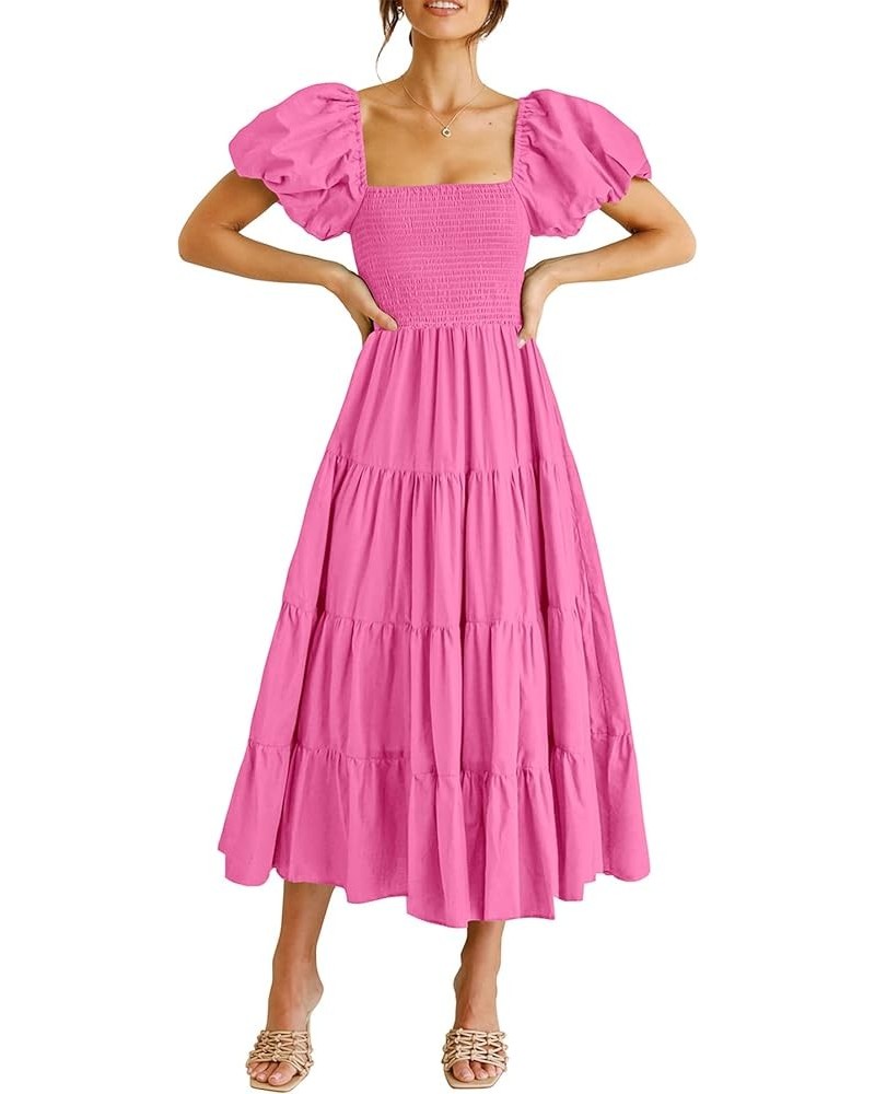 Women's Casual Summer Midi Dress Puffy Short Sleeve Square Neck Smocked Tiered Ruffle Dresses Rose Pink $13.94 Dresses