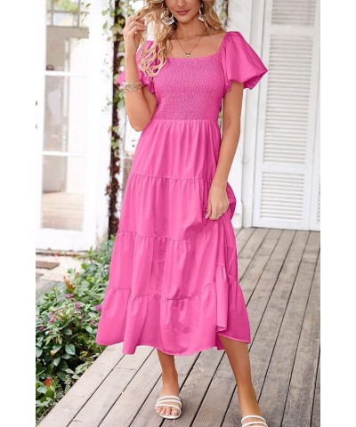 Women's Casual Summer Midi Dress Puffy Short Sleeve Square Neck Smocked Tiered Ruffle Dresses Rose Pink $13.94 Dresses