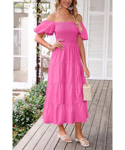 Women's Casual Summer Midi Dress Puffy Short Sleeve Square Neck Smocked Tiered Ruffle Dresses Rose Pink $13.94 Dresses