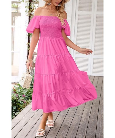 Women's Casual Summer Midi Dress Puffy Short Sleeve Square Neck Smocked Tiered Ruffle Dresses Rose Pink $13.94 Dresses