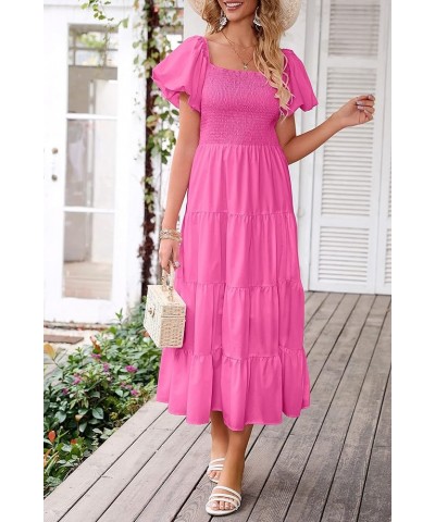 Women's Casual Summer Midi Dress Puffy Short Sleeve Square Neck Smocked Tiered Ruffle Dresses Rose Pink $13.94 Dresses