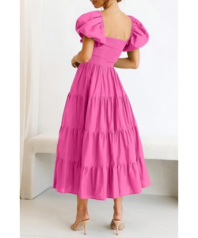 Women's Casual Summer Midi Dress Puffy Short Sleeve Square Neck Smocked Tiered Ruffle Dresses Rose Pink $13.94 Dresses