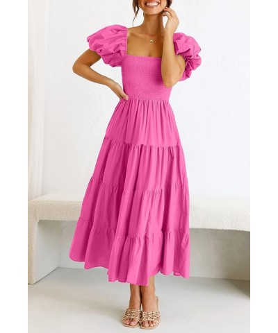 Women's Casual Summer Midi Dress Puffy Short Sleeve Square Neck Smocked Tiered Ruffle Dresses Rose Pink $13.94 Dresses