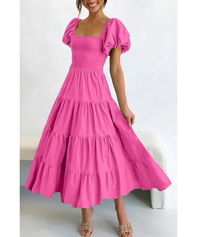 Women's Casual Summer Midi Dress Puffy Short Sleeve Square Neck Smocked Tiered Ruffle Dresses Rose Pink $13.94 Dresses