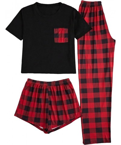 Women's 3 Pieces Sleepwear Cartoon Cow Print Top and Shorts with Pants Pajama Set Red $14.19 Sleep & Lounge