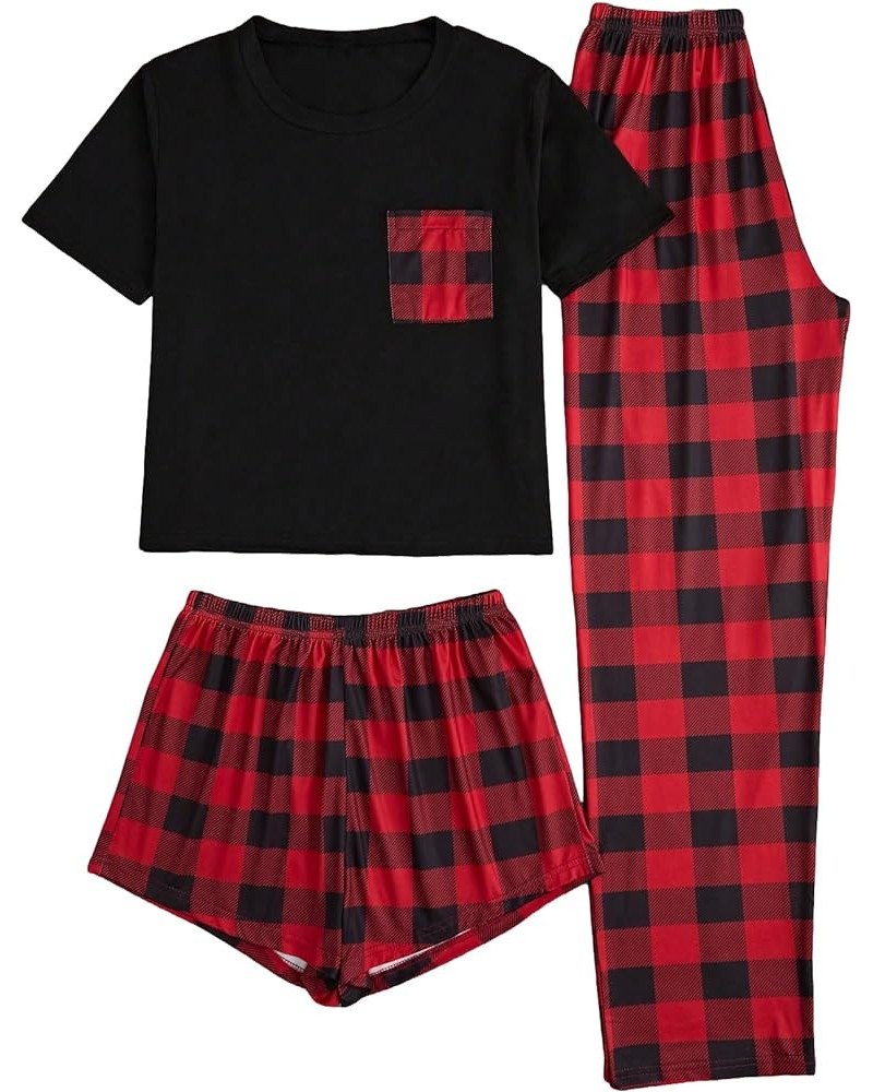 Women's 3 Pieces Sleepwear Cartoon Cow Print Top and Shorts with Pants Pajama Set Red $14.19 Sleep & Lounge