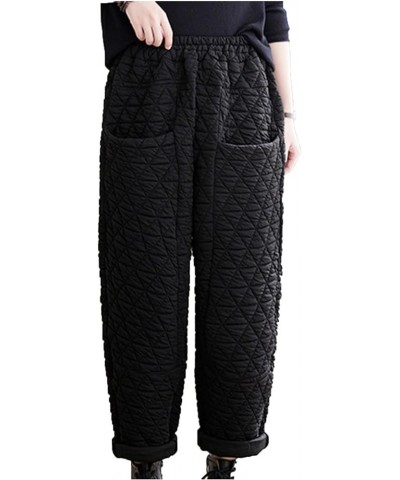Womens Padded Quilted Pants Fall Winter Warm Casual Wide Leg Pants Solid Elastic Drawstring Waist Trousers Ladies Black $11.7...