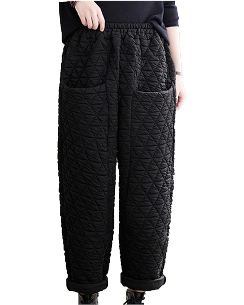 Womens Padded Quilted Pants Fall Winter Warm Casual Wide Leg Pants Solid Elastic Drawstring Waist Trousers Ladies Black $11.7...