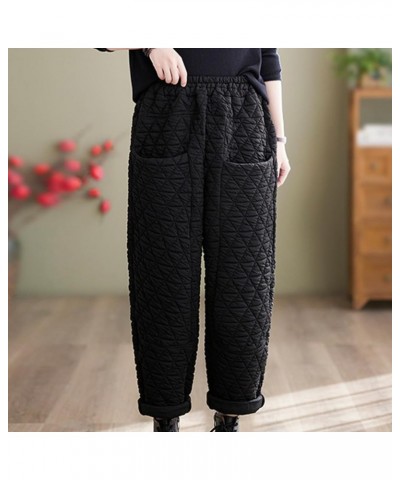 Womens Padded Quilted Pants Fall Winter Warm Casual Wide Leg Pants Solid Elastic Drawstring Waist Trousers Ladies Black $11.7...