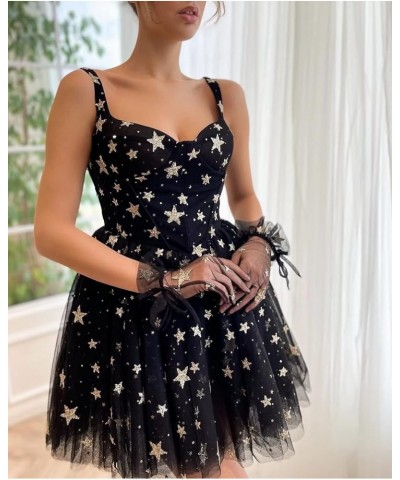 Women's Sparkly Starry Tulle Prom Dresses Puffy Sleeve Long Glitter Star Tea Length Formal Evening Party Gown Short-champagne...