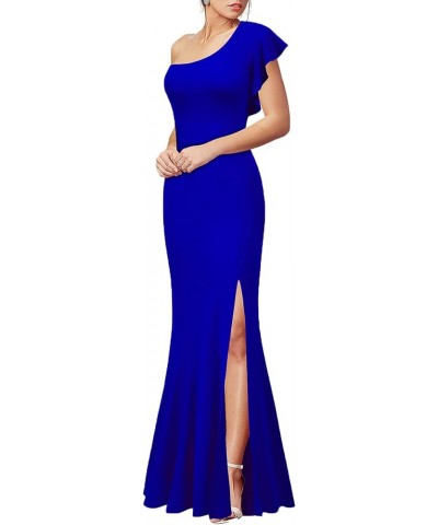 Women's One Shoulder high Split Bodycon Mermaid Ruffle Evening Long Formal Dress Royal Blue $31.85 Dresses