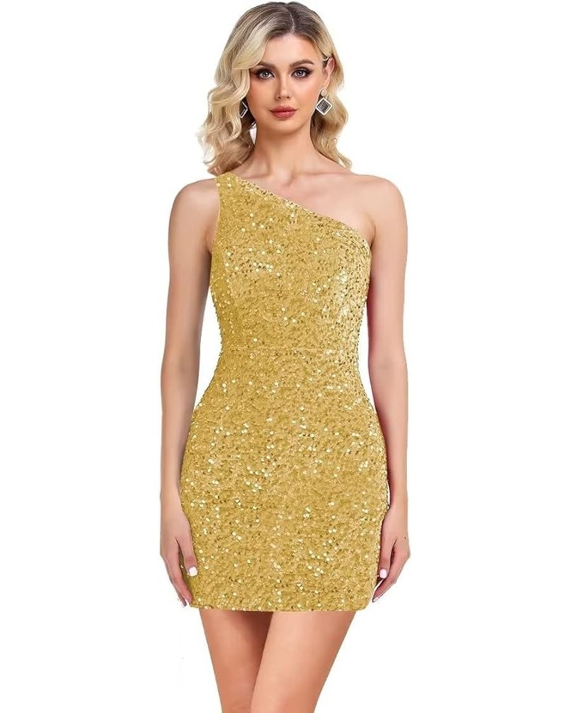 One Shoulder Sequin Homecoming Dress Tight Short Prom Dress Sparkly Backless Cocktail Mini Dress for Teens Gold $34.56 Dresses