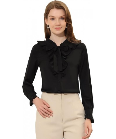 Ruffle Tie Neck Blouse for Women's Office Work Long Sleeve Button Down Shirt Black $18.81 Blouses
