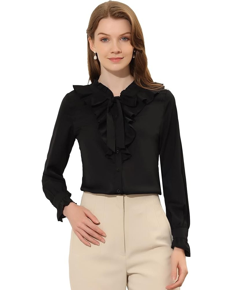 Ruffle Tie Neck Blouse for Women's Office Work Long Sleeve Button Down Shirt Black $18.81 Blouses