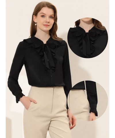 Ruffle Tie Neck Blouse for Women's Office Work Long Sleeve Button Down Shirt Black $18.81 Blouses