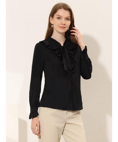 Ruffle Tie Neck Blouse for Women's Office Work Long Sleeve Button Down Shirt Black $18.81 Blouses