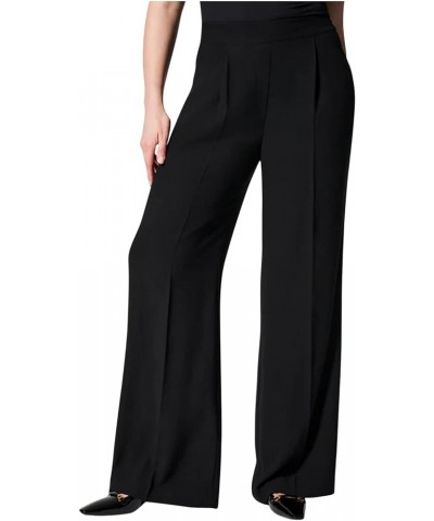 Crepe Pleated Pants for Women High Waisted Wide Leg Pants Plus Size Elastic Stretch Palazzo Pants Work Office Trousers A-blac...