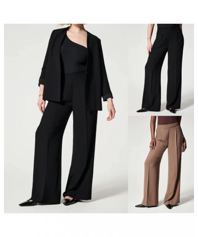 Crepe Pleated Pants for Women High Waisted Wide Leg Pants Plus Size Elastic Stretch Palazzo Pants Work Office Trousers A-blac...