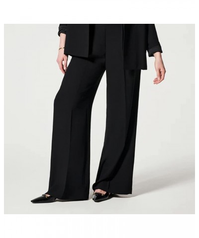 Crepe Pleated Pants for Women High Waisted Wide Leg Pants Plus Size Elastic Stretch Palazzo Pants Work Office Trousers A-blac...