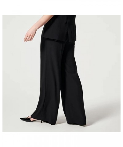 Crepe Pleated Pants for Women High Waisted Wide Leg Pants Plus Size Elastic Stretch Palazzo Pants Work Office Trousers A-blac...