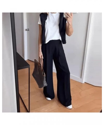 Crepe Pleated Pants for Women High Waisted Wide Leg Pants Plus Size Elastic Stretch Palazzo Pants Work Office Trousers A-blac...