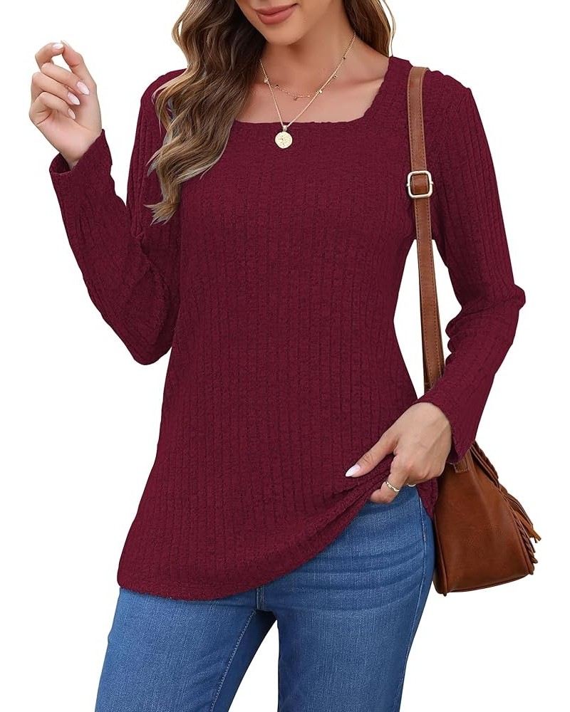 Long Sleeve Shirts for Women Round Neck Casual Lightweight Tunic Tops Square Neck-burgundy $12.00 Tops