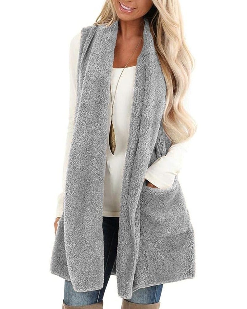 Womens Sleeveless Sherpa Vest with Pockets Lapel Open Front Fleece Cardigan Sweater Fuzzy Jacket Coat 01 Grey $18.14 Vests