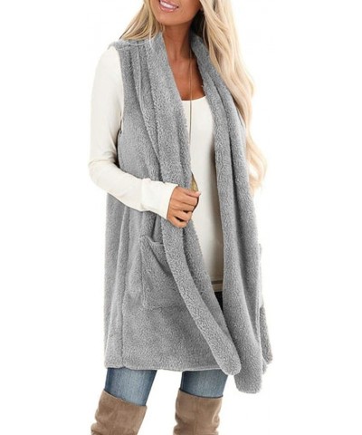 Womens Sleeveless Sherpa Vest with Pockets Lapel Open Front Fleece Cardigan Sweater Fuzzy Jacket Coat 01 Grey $18.14 Vests