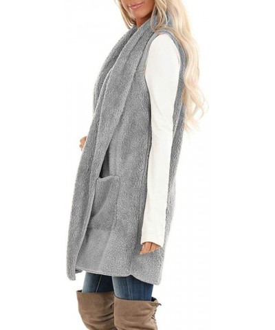 Womens Sleeveless Sherpa Vest with Pockets Lapel Open Front Fleece Cardigan Sweater Fuzzy Jacket Coat 01 Grey $18.14 Vests