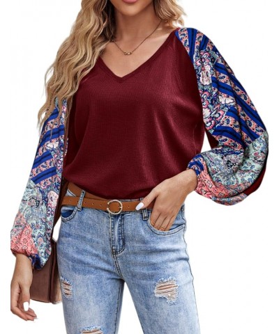 Boho Tops for Women Fall Fashion Casual V Neck Long Sleeve Shirt Waffle Hippie Loose Blouses Lantern Sleeve Tunics Wine Red $...