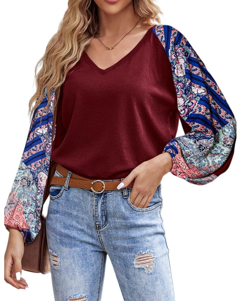 Boho Tops for Women Fall Fashion Casual V Neck Long Sleeve Shirt Waffle Hippie Loose Blouses Lantern Sleeve Tunics Wine Red $...